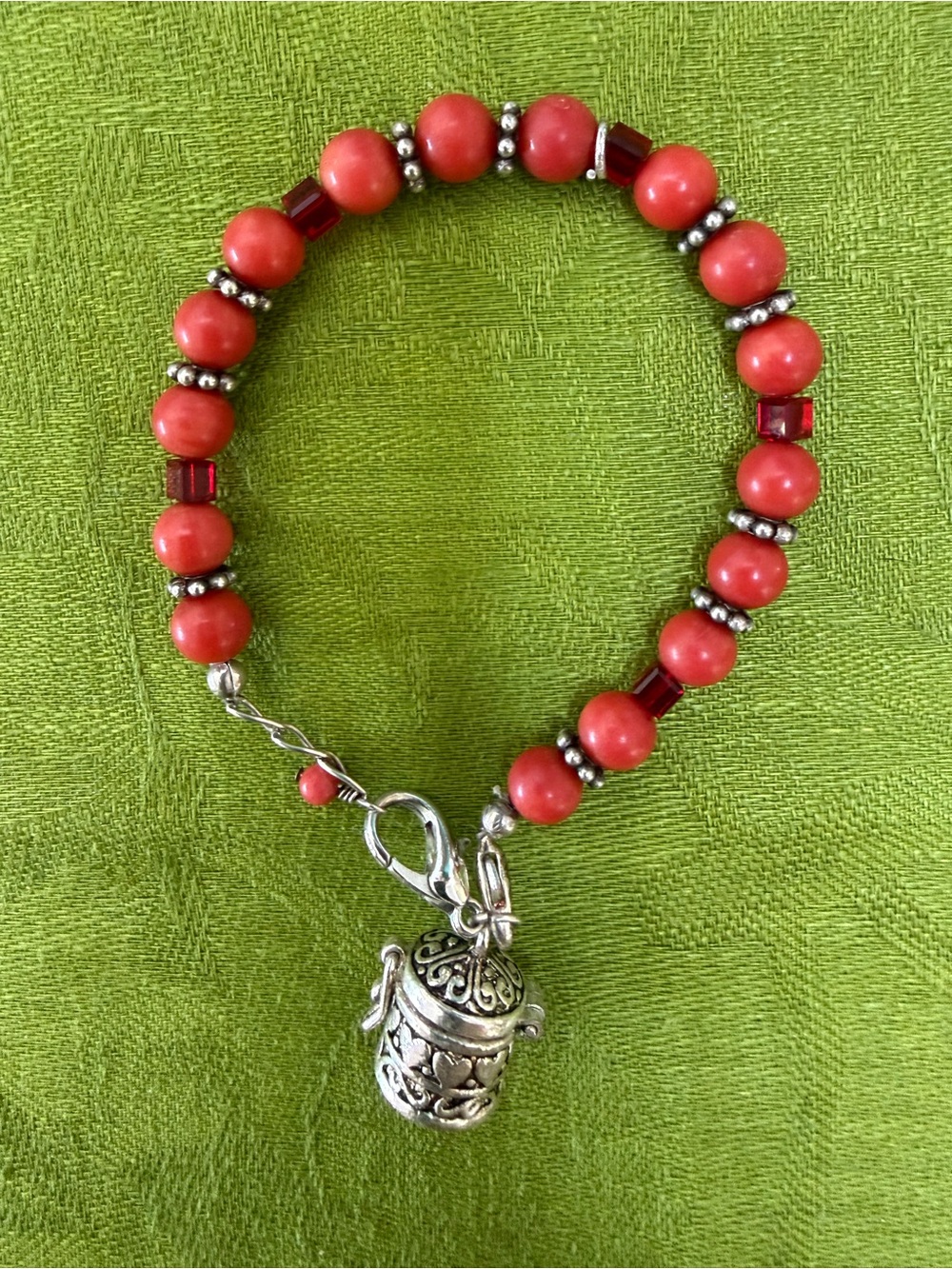 Coral Beaded Bracelet With Silver Prayer Box Charm